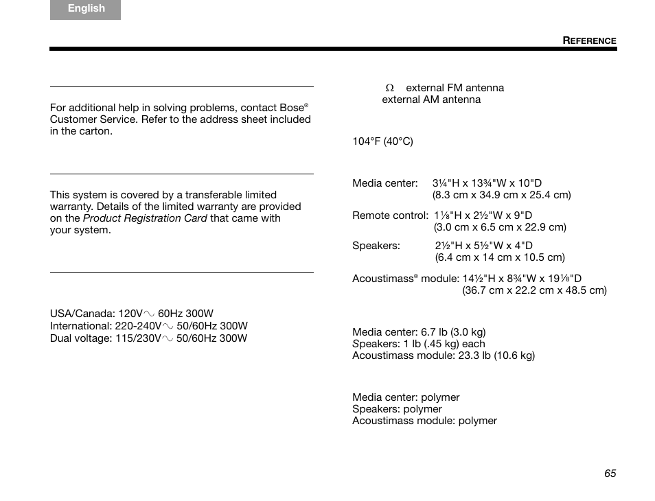 For customer service, Limited warranty, Technical information | Bose GSX Series III User Manual | Page 69 / 108