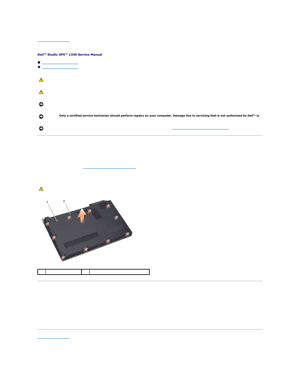 Base cover, Removing the base cover, Replacing the base cover | Dell Studio XPS M1340 (Mid 2010) User Manual | Page 2 / 39