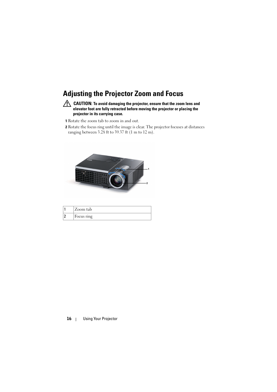 Adjusting the projector zoom and focus | Dell M410HD Projector User Manual | Page 16 / 59