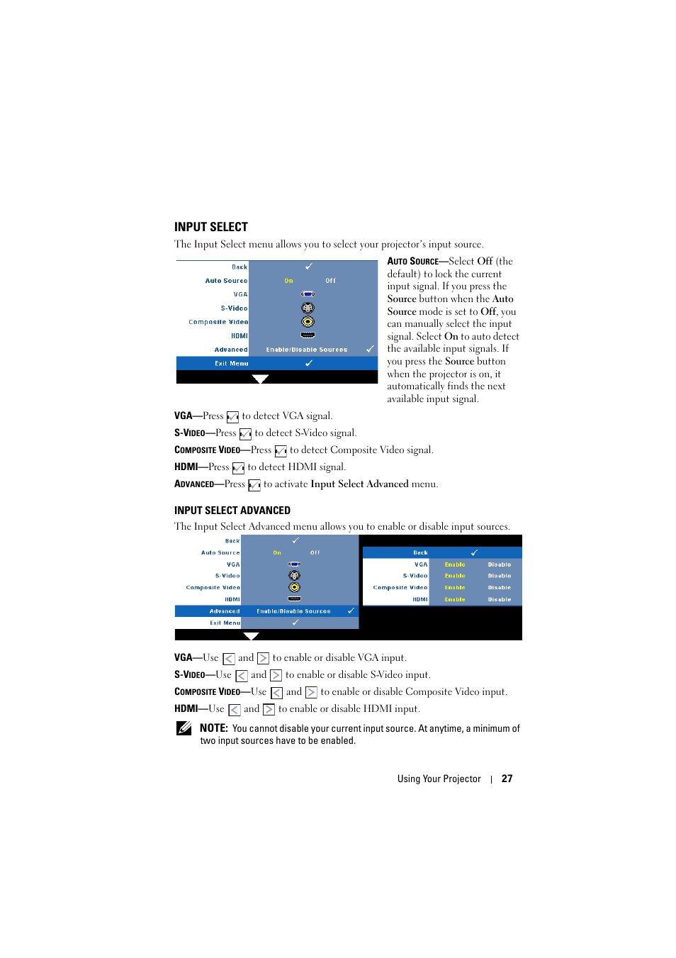 Input select, Input select advanced | Dell M410HD Projector User Manual | Page 27 / 59