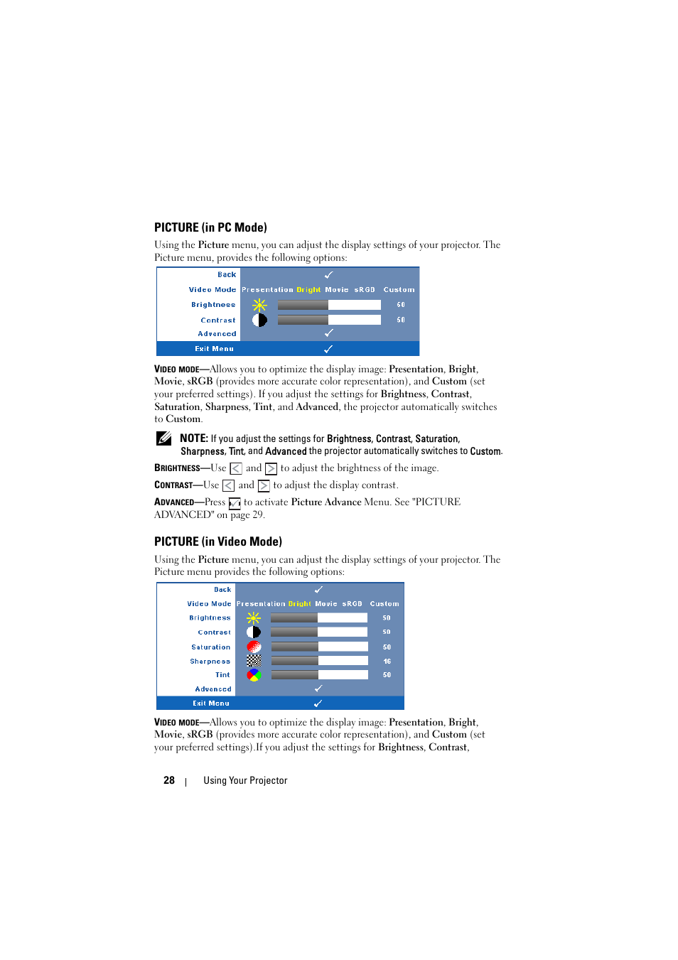 Picture (in pc mode), Picture (in video mode) | Dell M410HD Projector User Manual | Page 28 / 59
