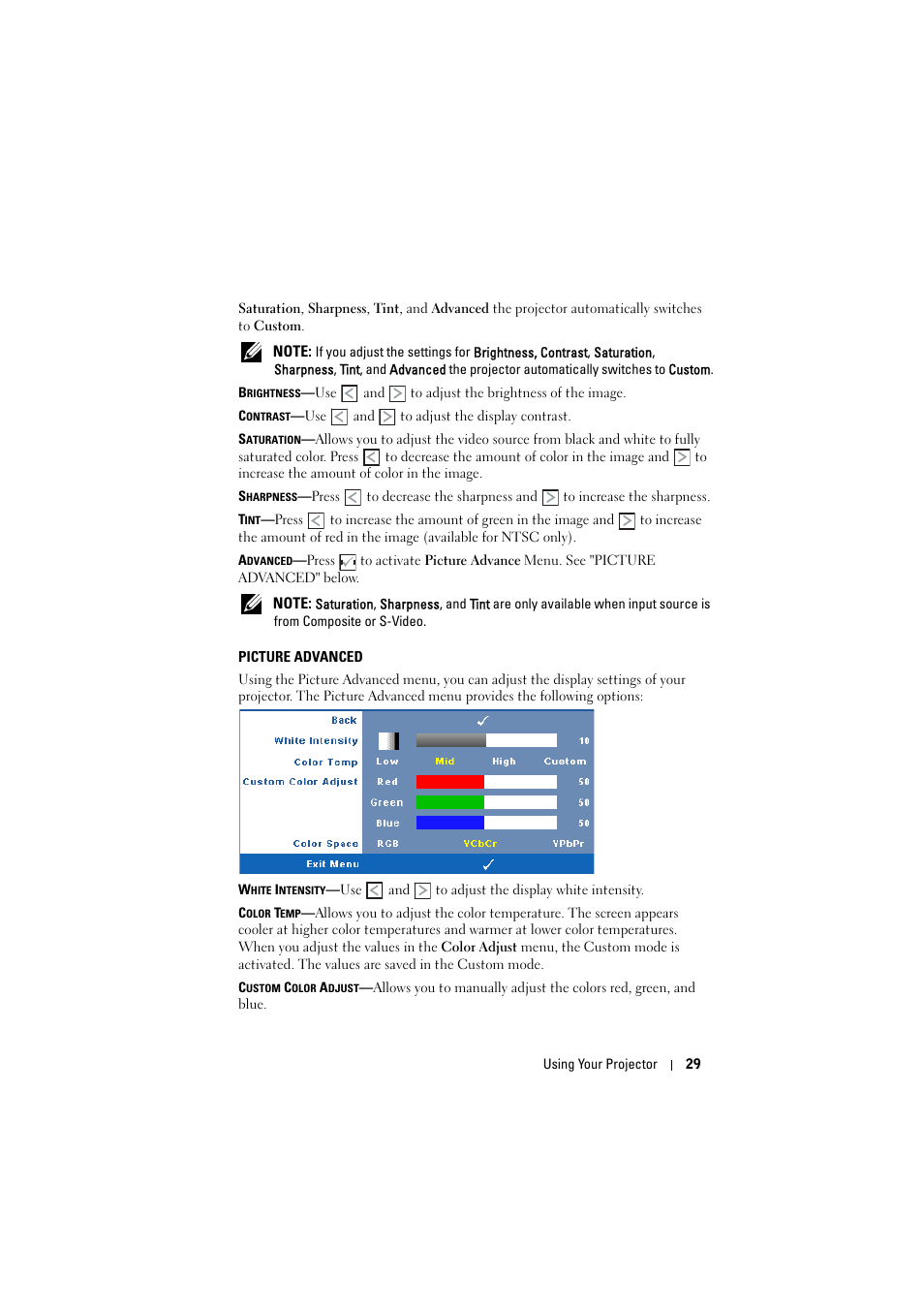 Picture advanced | Dell M410HD Projector User Manual | Page 29 / 59