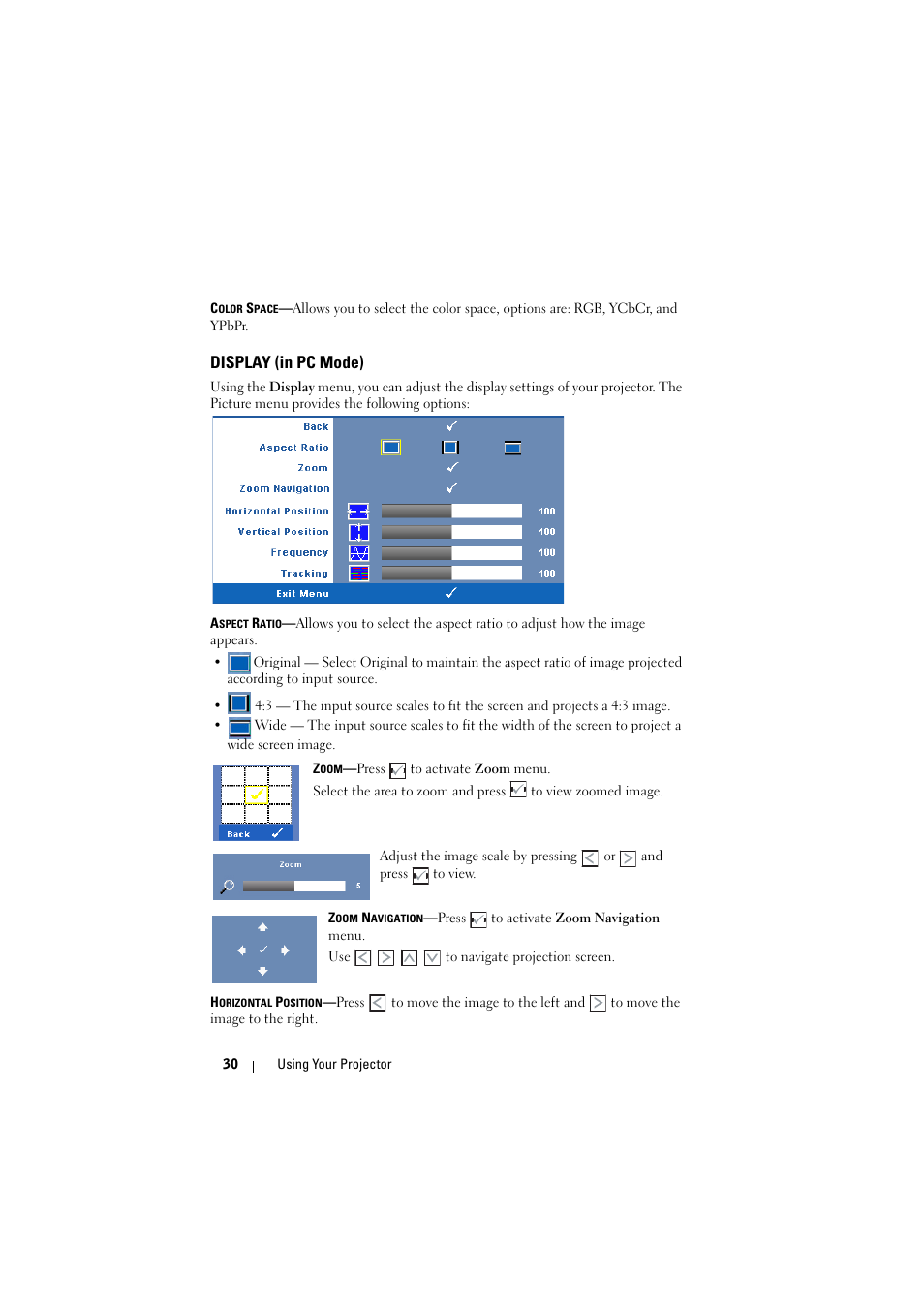 Display (in pc mode) | Dell M410HD Projector User Manual | Page 30 / 59