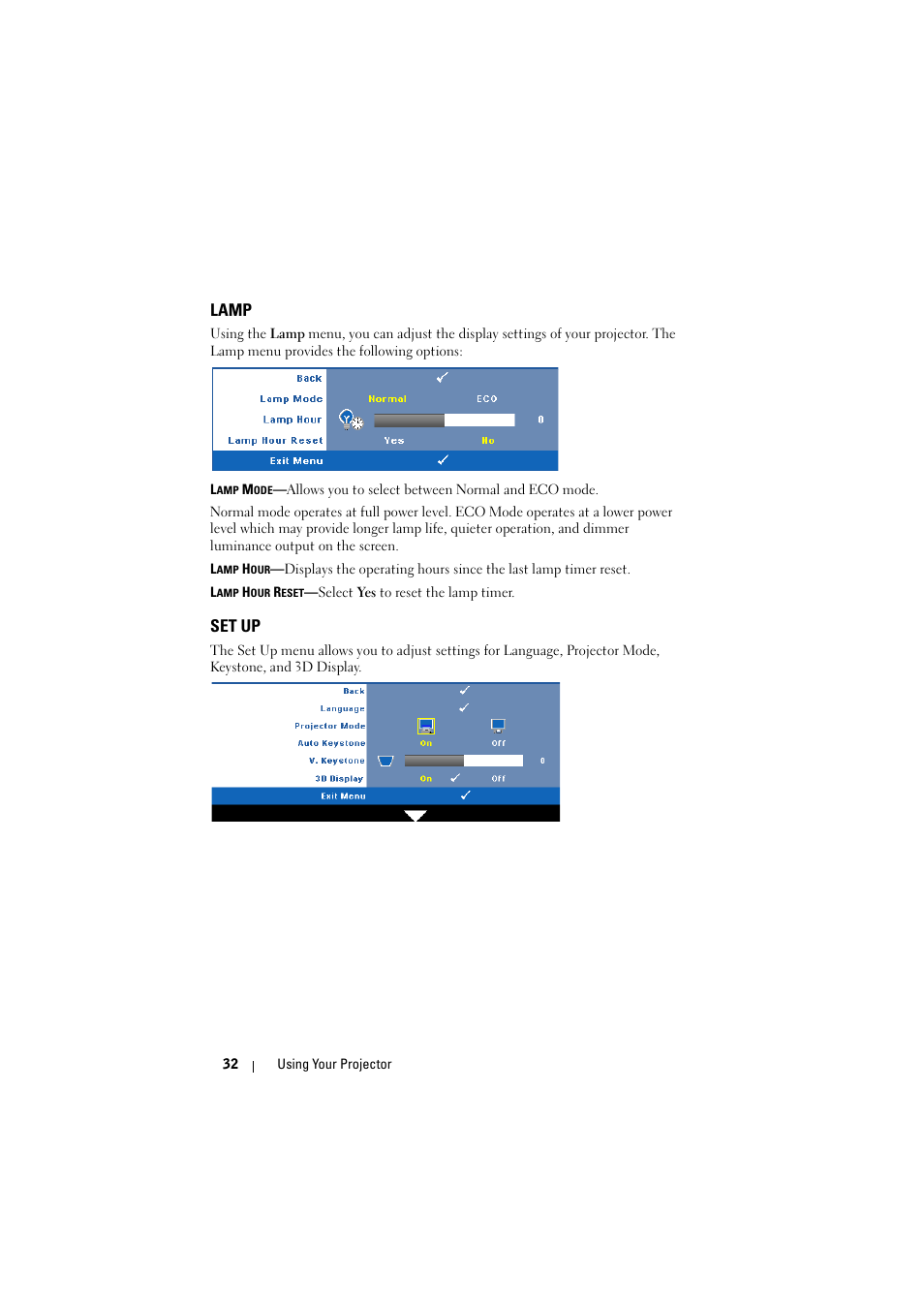 Lamp, Set up | Dell M410HD Projector User Manual | Page 32 / 59