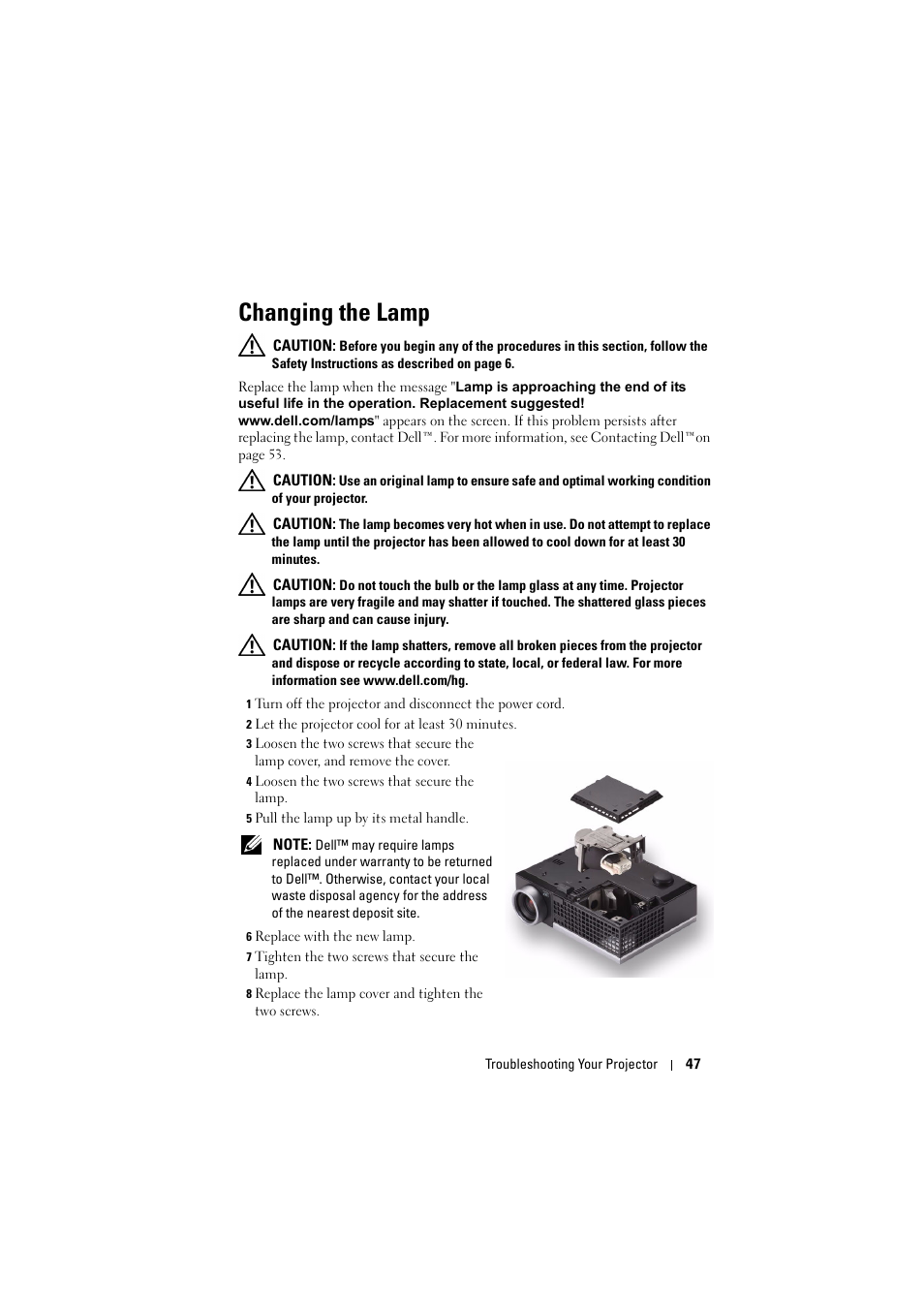 Changing the lamp | Dell M410HD Projector User Manual | Page 47 / 59