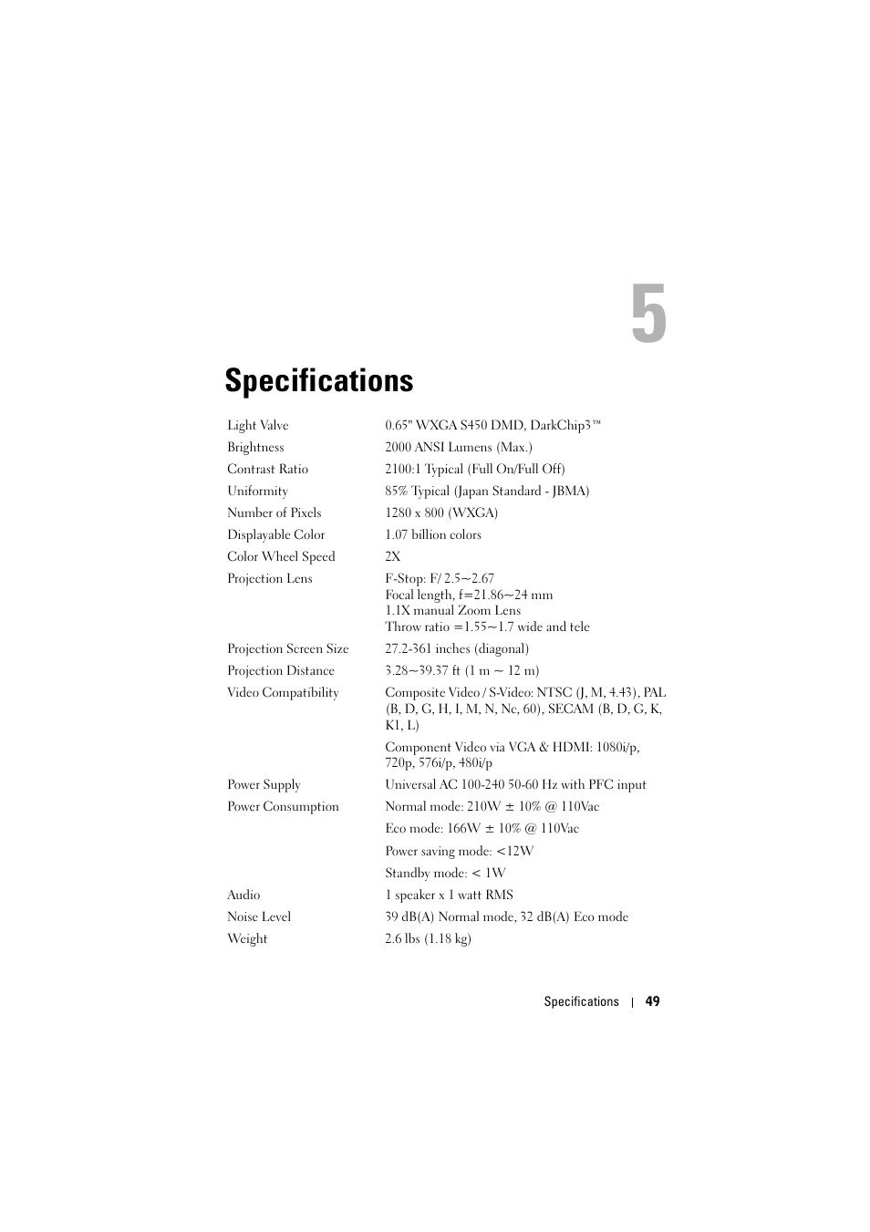 Specifications | Dell M410HD Projector User Manual | Page 49 / 59