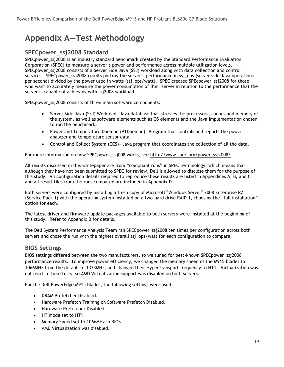 Appendix a—test methodology, Specpower_ssj2008 standard, Bios settings | Dell POWEREDGE M915 User Manual | Page 19 / 25