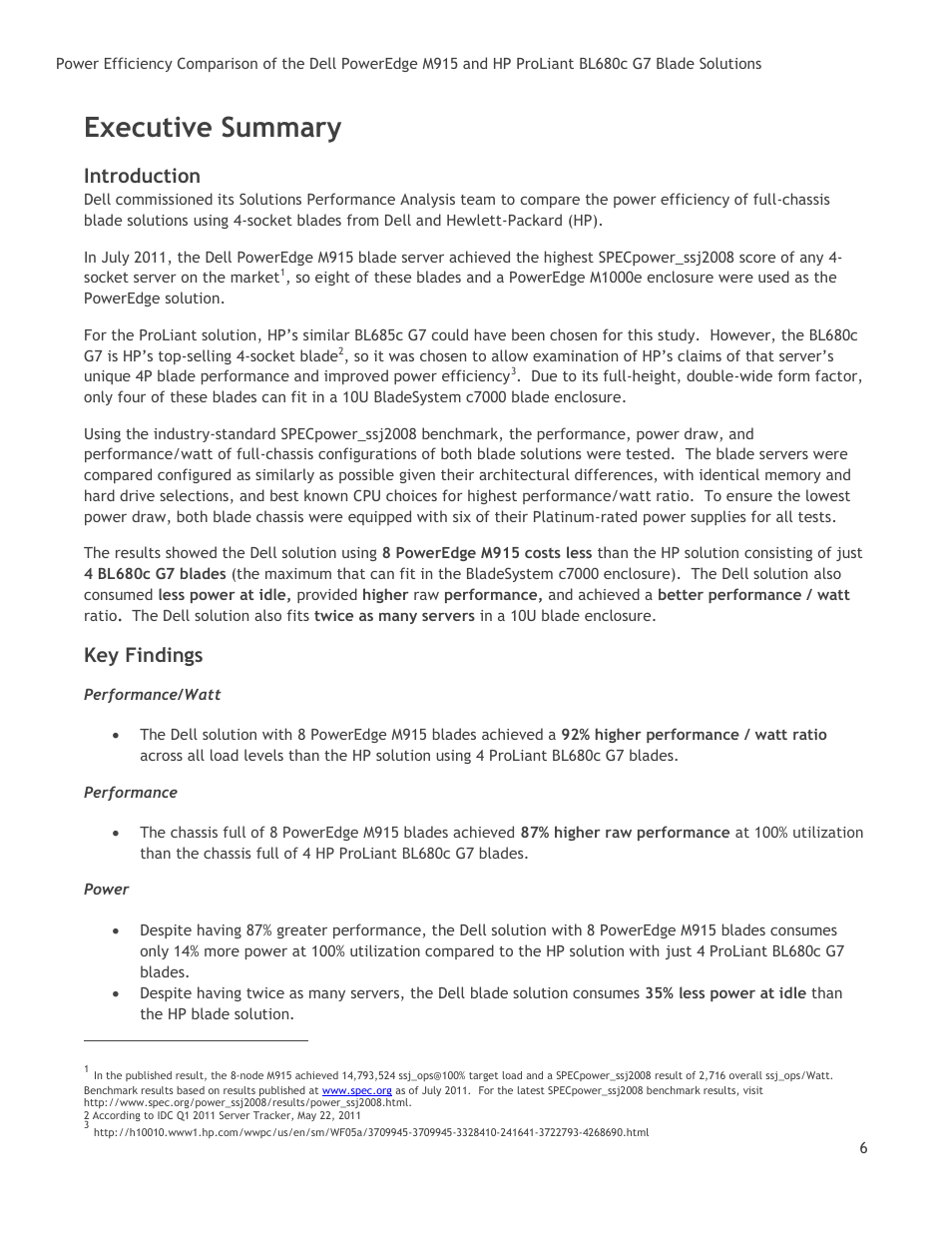Executive summary, Introduction, Key findings | Performance/watt, Performance, Power | Dell POWEREDGE M915 User Manual | Page 6 / 25