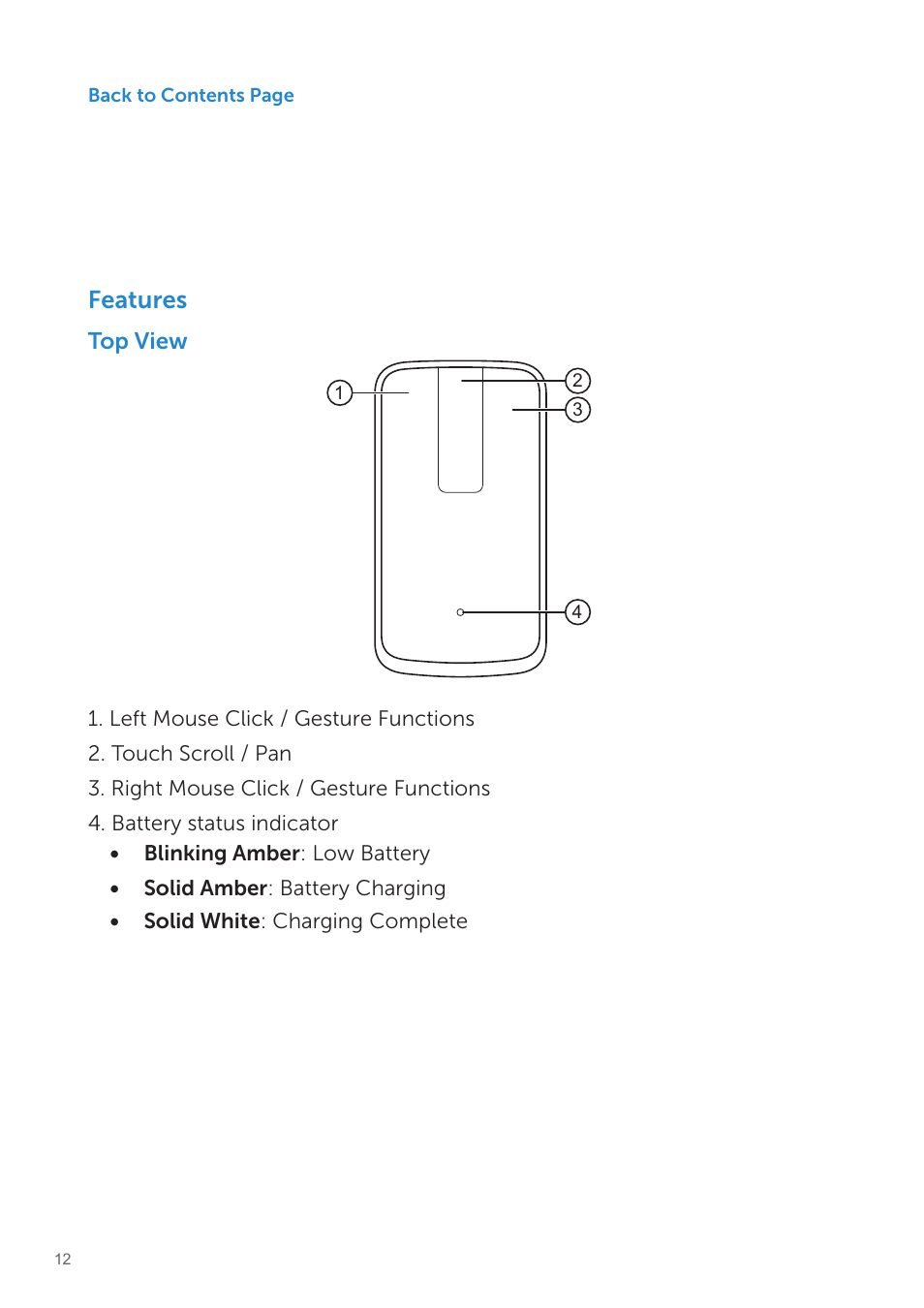 Features, Top view, Features top view | Dell Wireless Touch Mouse WM713 User Manual | Page 12 / 20