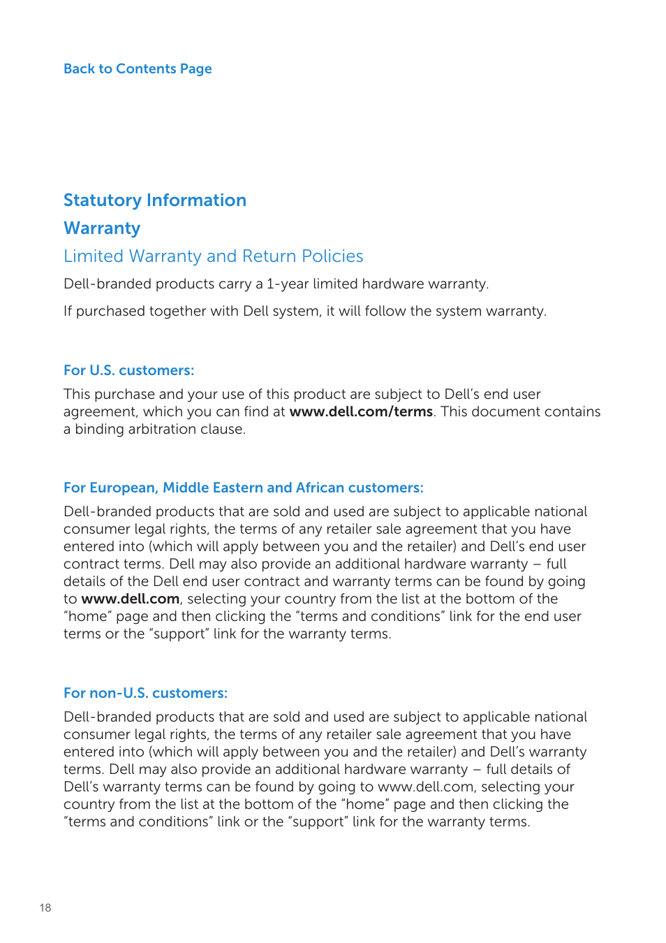 Statutory information, Warranty, Statutory information warranty | Dell Wireless Touch Mouse WM713 User Manual | Page 18 / 20
