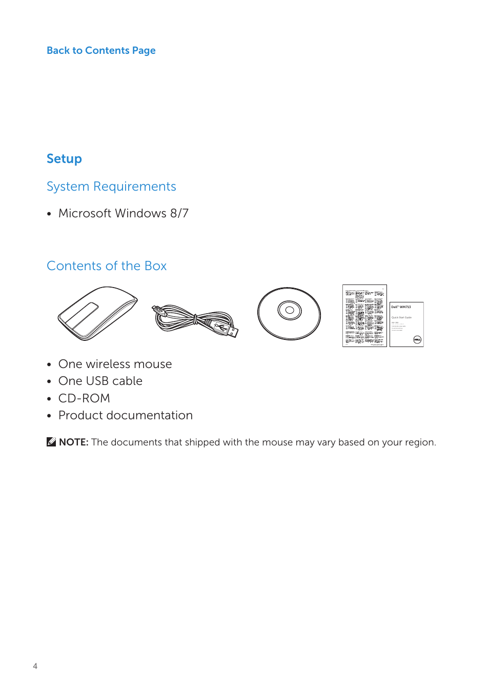 Setup, Setup system requirements, Contents of the box | Microsoft windows 8/7, Back to contents page | Dell Wireless Touch Mouse WM713 User Manual | Page 4 / 20