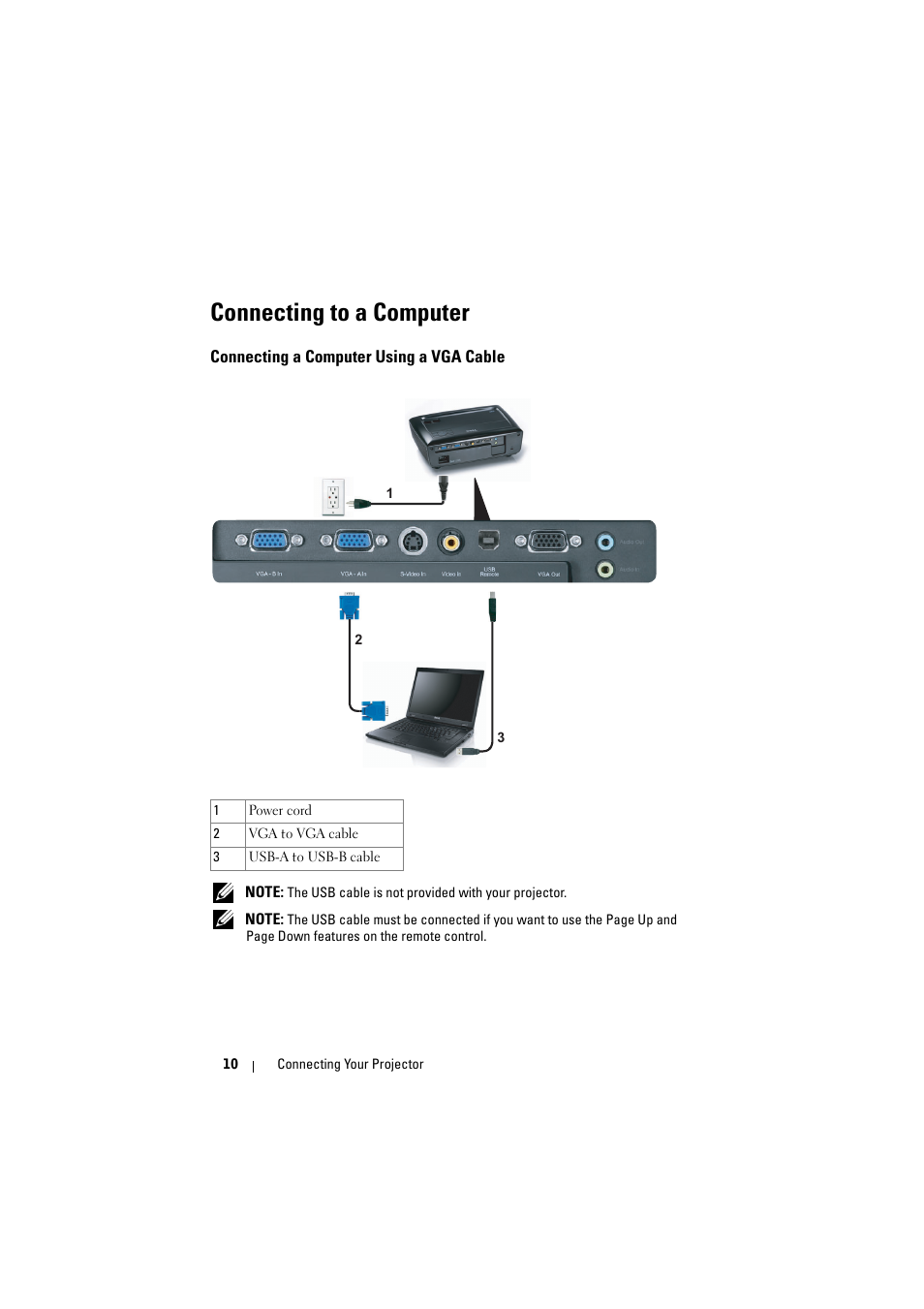 Connecting to a computer, Connecting a computer using a vga cable | Dell 1210S Projector User Manual | Page 10 / 59