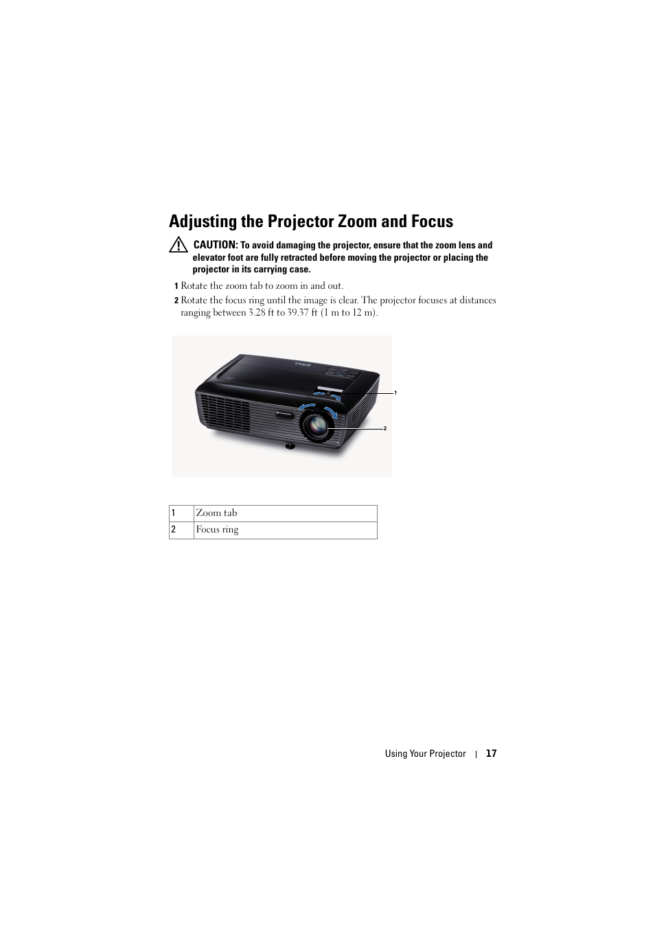 Adjusting the projector zoom and focus | Dell 1210S Projector User Manual | Page 17 / 59