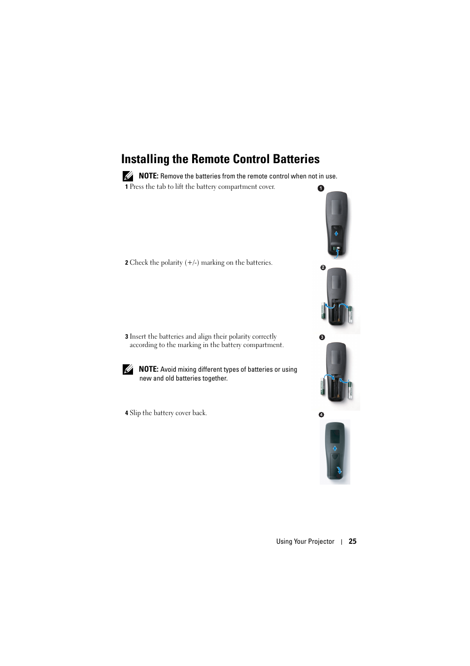 Installing the remote control batteries | Dell 1210S Projector User Manual | Page 25 / 59