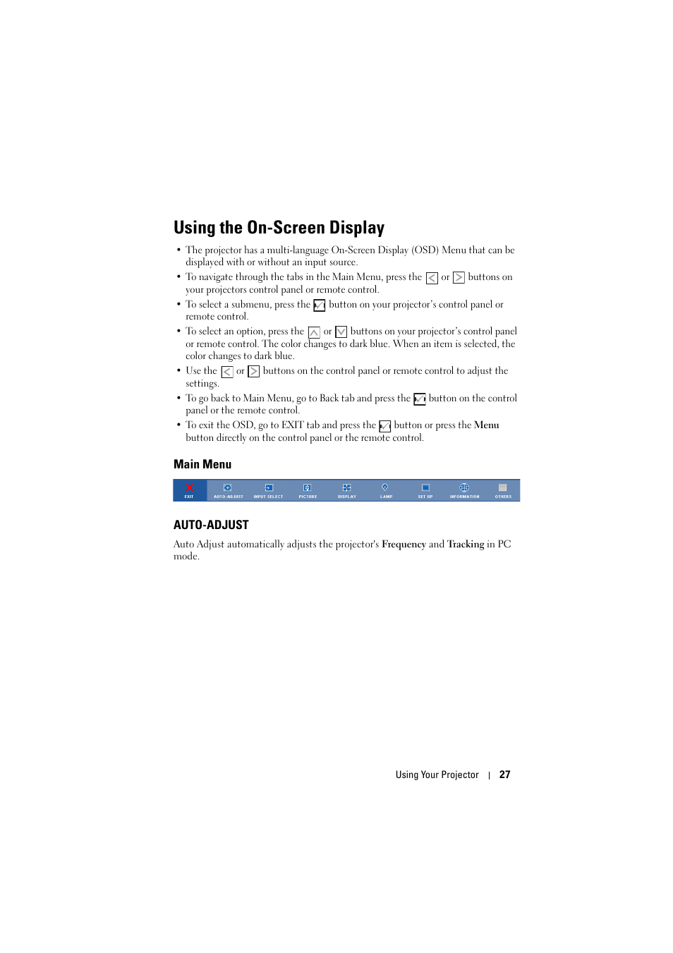 Using the on-screen display, Main menu, Auto-adjust | Dell 1210S Projector User Manual | Page 27 / 59