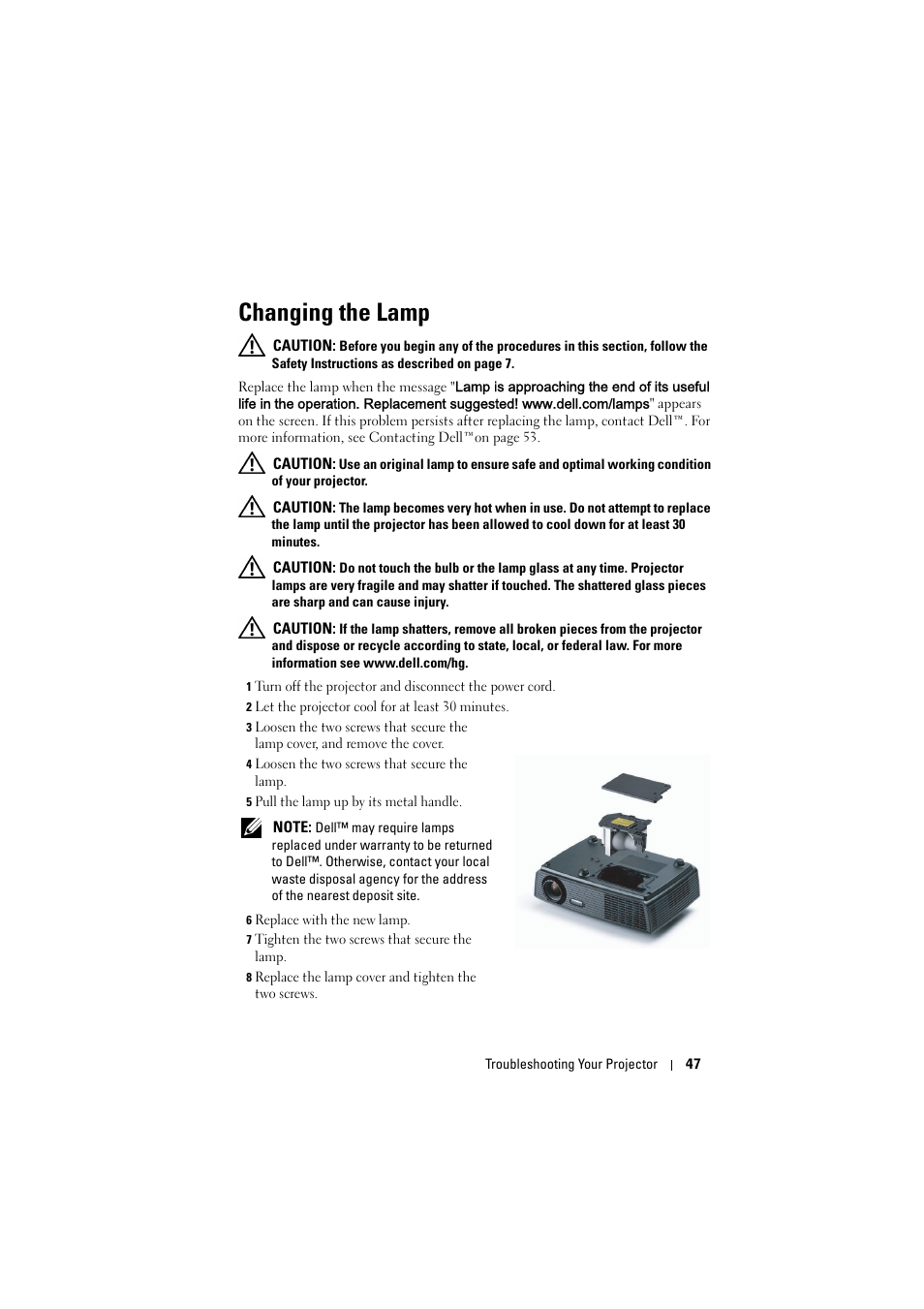 Changing the lamp | Dell 1210S Projector User Manual | Page 47 / 59