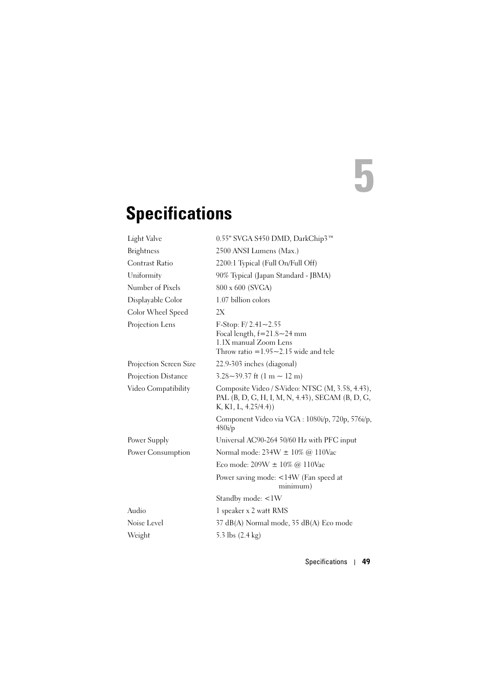 Specifications | Dell 1210S Projector User Manual | Page 49 / 59