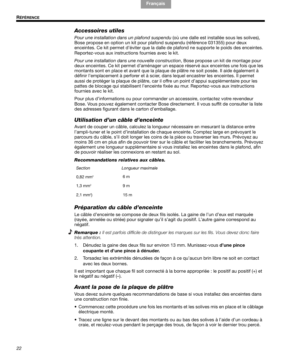 Accessoires utiles, Utilisation d’un câble d’enceinte, Préparation du câble d’enceinte | Avant la pose de la plaque de plâtre | Bose VIRTUALLY INVISIBLE 191 User Manual | Page 106 / 144