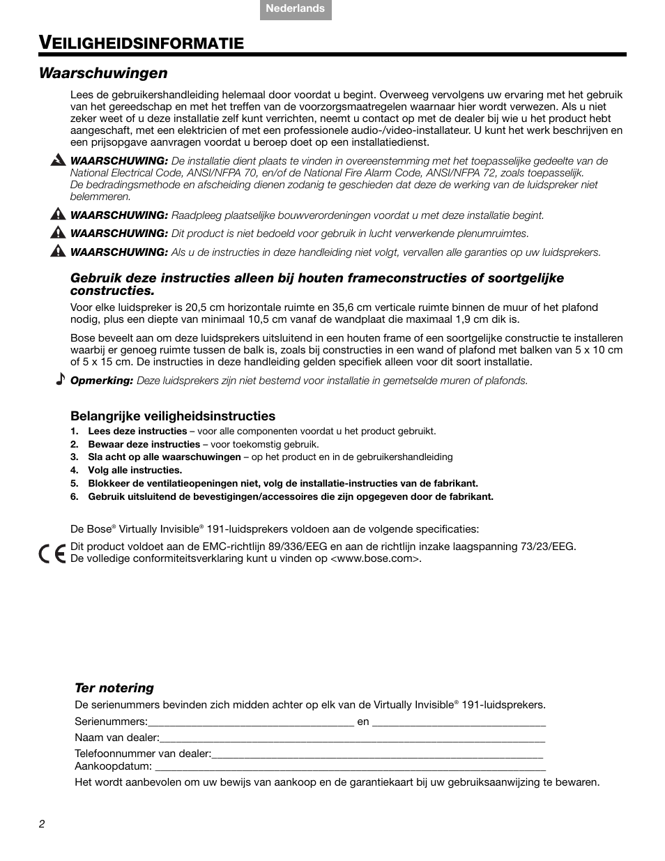Eiligheidsinformatie, Waarschuwingen | Bose VIRTUALLY INVISIBLE 191 User Manual | Page 114 / 144