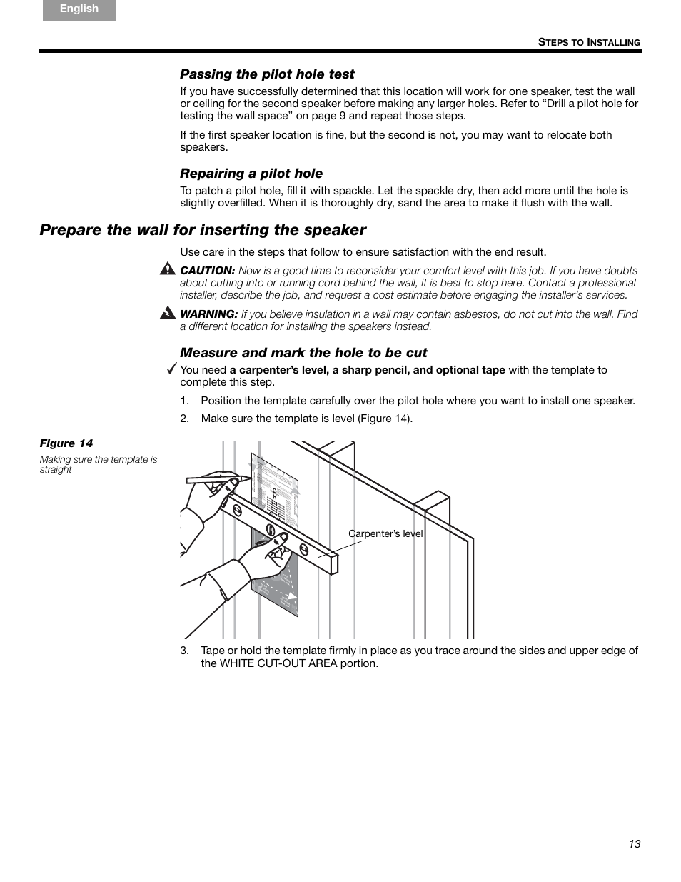 Prepare the wall for inserting the speaker, Passing the pilot hole test, Repairing a pilot hole | Measure and mark the hole to be cut, 13   s, English français nederlands deutsch italiano | Bose VIRTUALLY INVISIBLE 191 User Manual | Page 13 / 144
