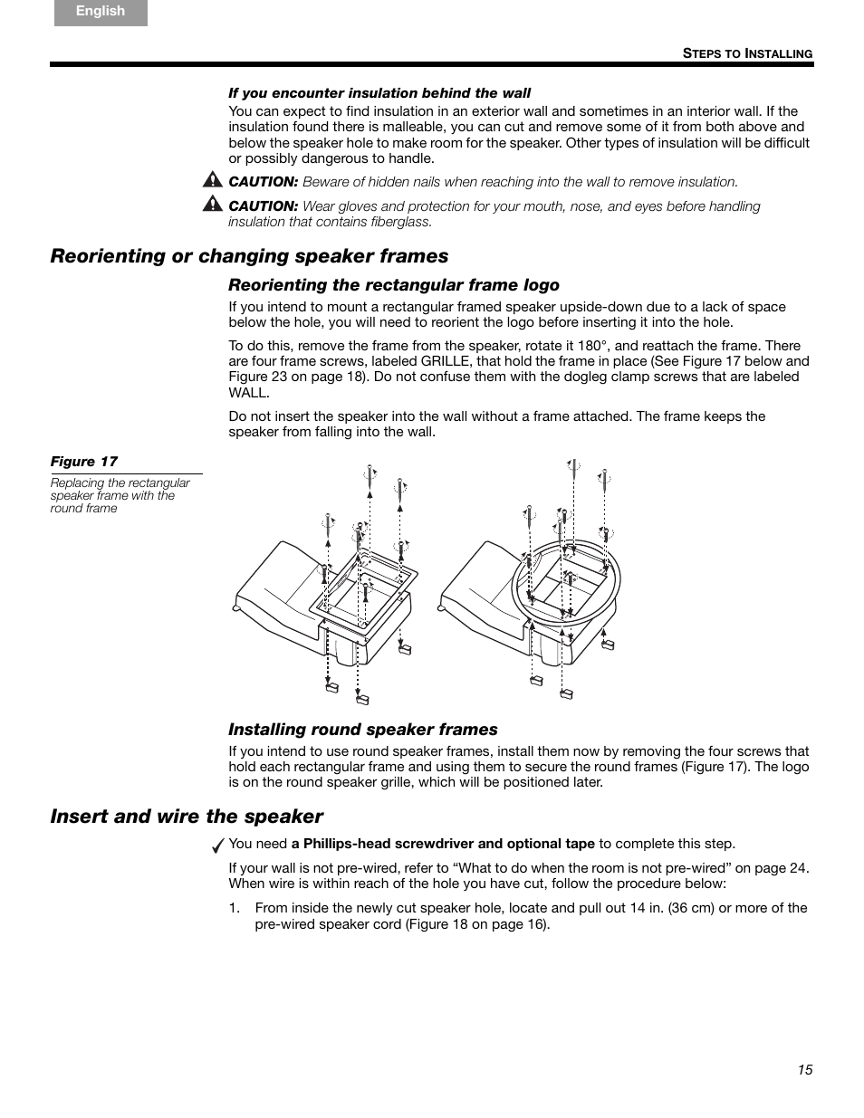 Reorienting or changing speaker frames, Insert and wire the speaker | Bose VIRTUALLY INVISIBLE 191 User Manual | Page 15 / 144