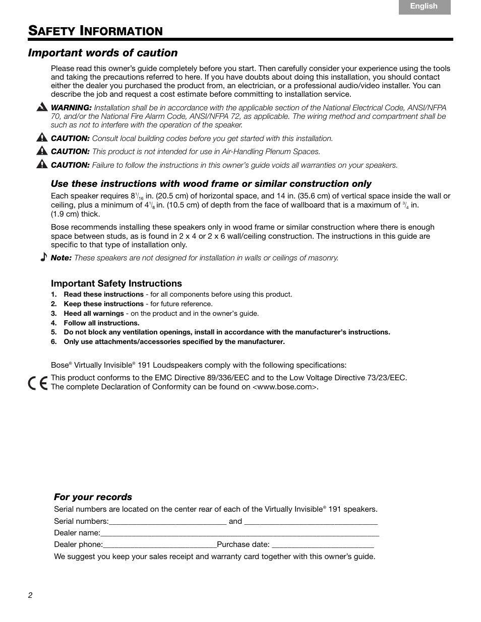 Afety, Nformation, Important words of caution | Bose VIRTUALLY INVISIBLE 191 User Manual | Page 2 / 144