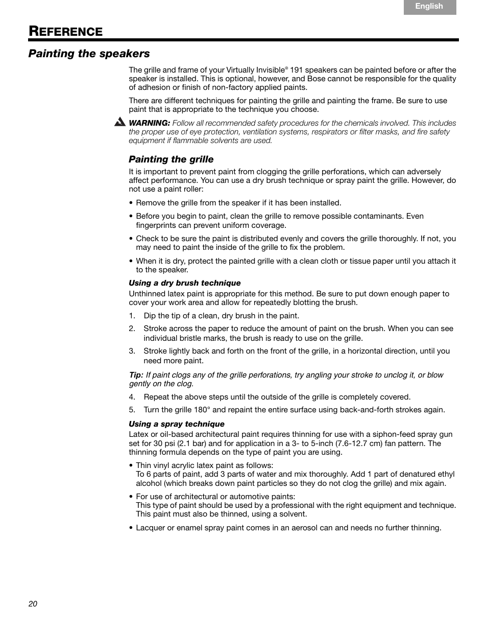 Eference, Painting the speakers | Bose VIRTUALLY INVISIBLE 191 User Manual | Page 20 / 144