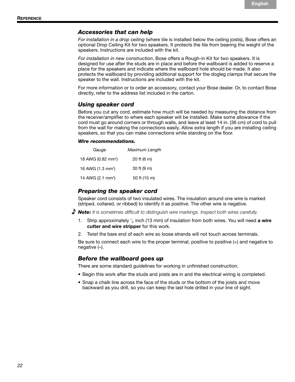 Accessories that can help, Using speaker cord, Preparing the speaker cord | Before the wallboard goes up | Bose VIRTUALLY INVISIBLE 191 User Manual | Page 22 / 144