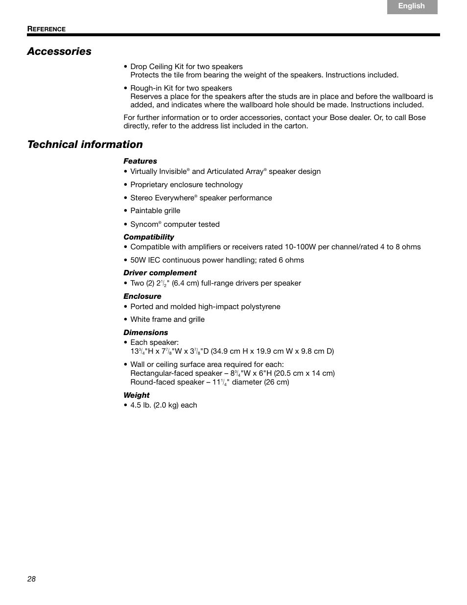 Accessories, Technical information | Bose VIRTUALLY INVISIBLE 191 User Manual | Page 28 / 144