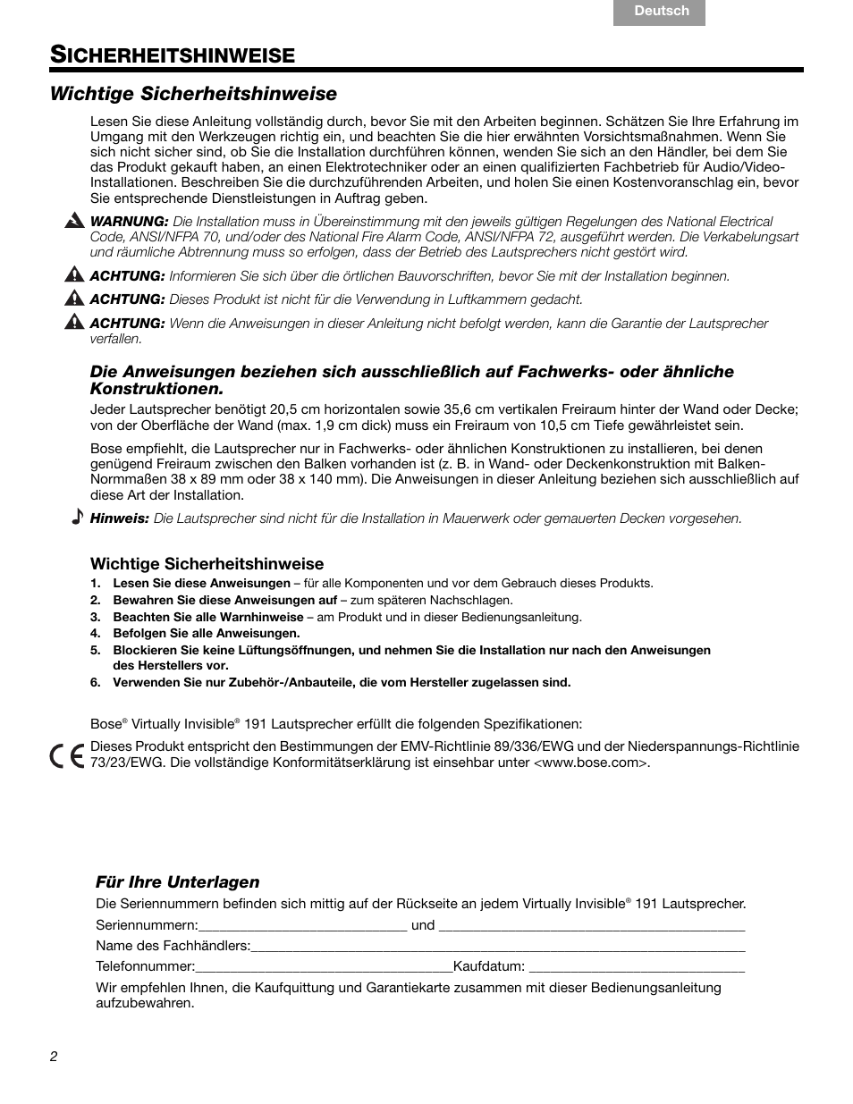Icherheitshinweise, Wichtige sicherheitshinweise | Bose VIRTUALLY INVISIBLE 191 User Manual | Page 30 / 144