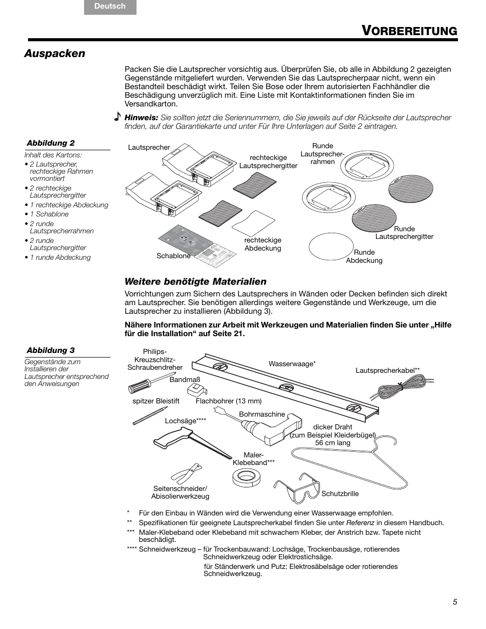 Orbereitung, Auspacken, Weitere benötigte materialien | Bose VIRTUALLY INVISIBLE 191 User Manual | Page 33 / 144