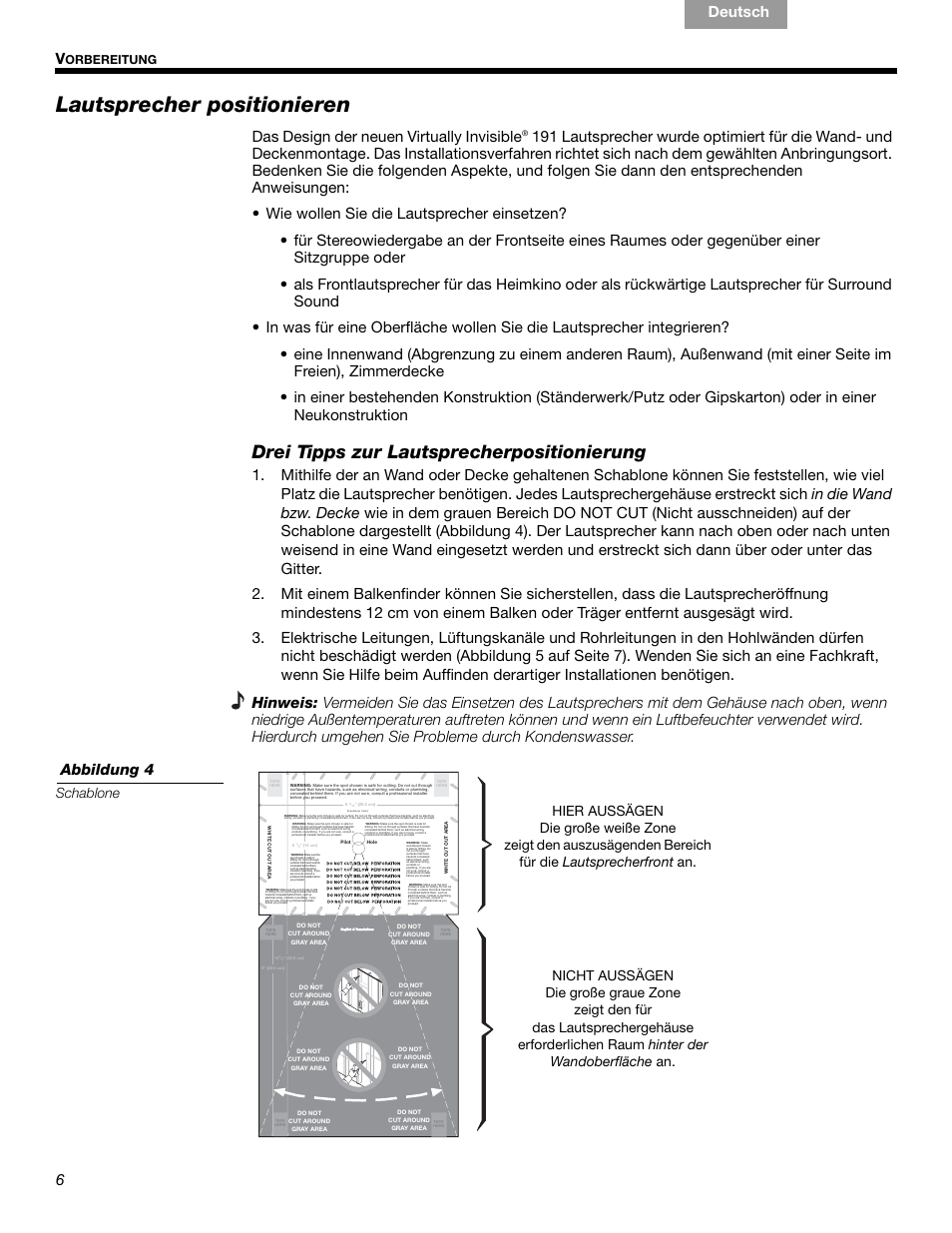 Lautsprecher positionieren, Drei tipps zur lautsprecherpositionierung, English français nederlands deutsch italiano | Das design der neuen virtually invisible, Schablone, Orbereitung | Bose VIRTUALLY INVISIBLE 191 User Manual | Page 34 / 144