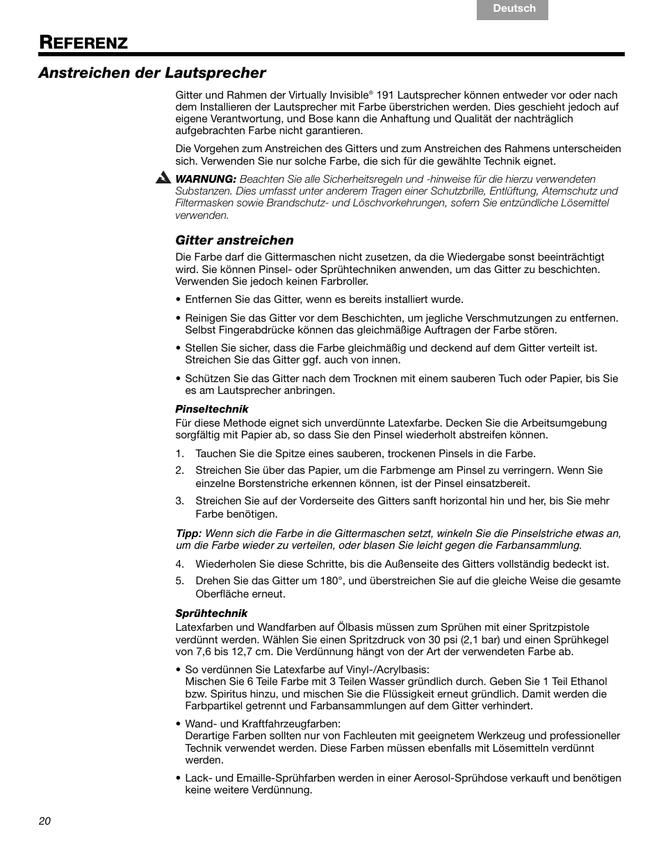 Eferenz, Anstreichen der lautsprecher | Bose VIRTUALLY INVISIBLE 191 User Manual | Page 48 / 144