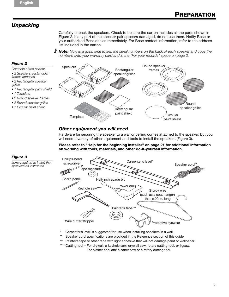 Reparation, Unpacking, Other equipment you will need | Bose VIRTUALLY INVISIBLE 191 User Manual | Page 5 / 144