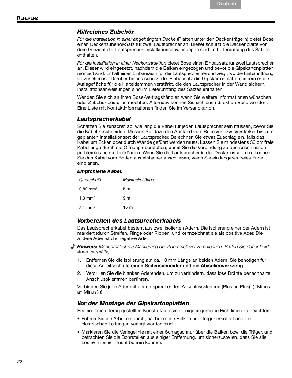 Hilfreiches zubehör, Lautsprecherkabel, Vorbereiten des lautsprecherkabels | Vor der montage der gipskartonplatten | Bose VIRTUALLY INVISIBLE 191 User Manual | Page 50 / 144