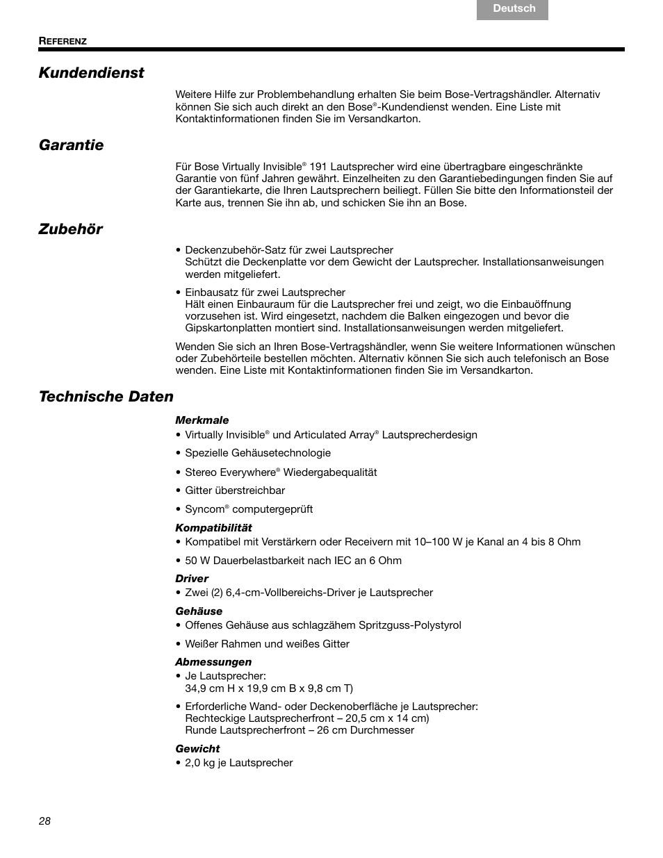 Kundendienst, Garantie, Zubehör | Technische daten | Bose VIRTUALLY INVISIBLE 191 User Manual | Page 56 / 144