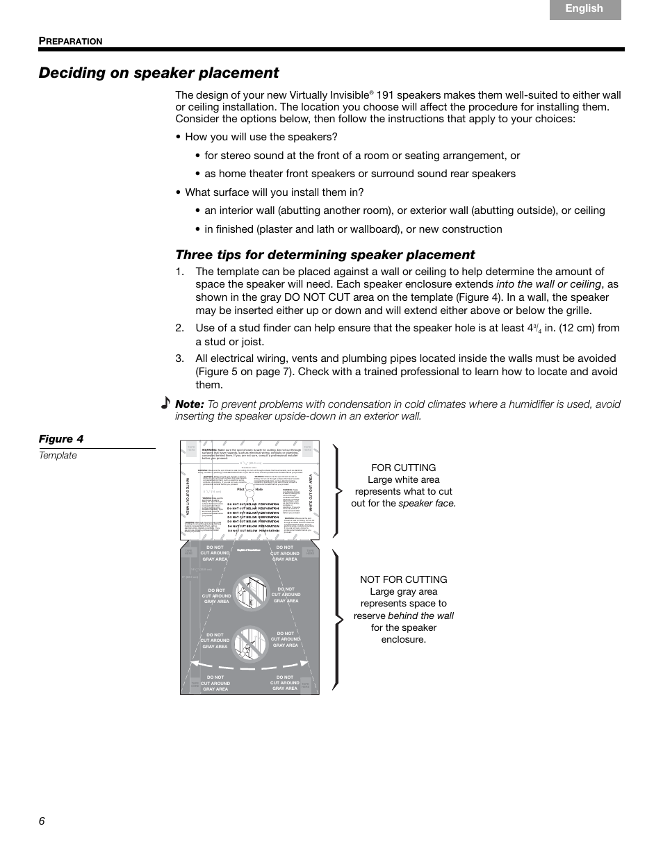Deciding on speaker placement, Three tips for determining speaker placement, 6  p | English français nederlands deutsch italiano, The design of your new virtually invisible, Template, Reparation | Bose VIRTUALLY INVISIBLE 191 User Manual | Page 6 / 144