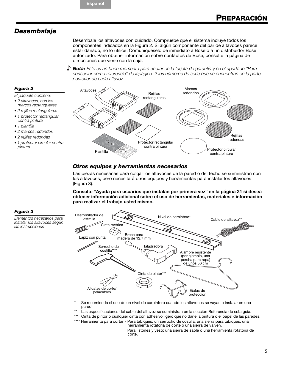 Reparación, Desembalaje, Otros equipos y herramientas necesarios | Bose VIRTUALLY INVISIBLE 191 User Manual | Page 61 / 144