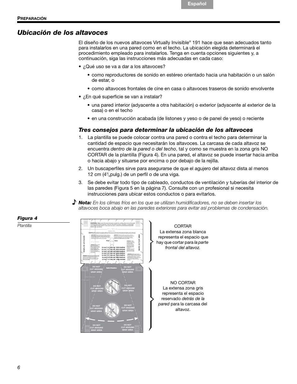 Ubicación de los altavoces, 6  p, English español nederlands deutsch italiano | Plantilla, Reparación | Bose VIRTUALLY INVISIBLE 191 User Manual | Page 62 / 144