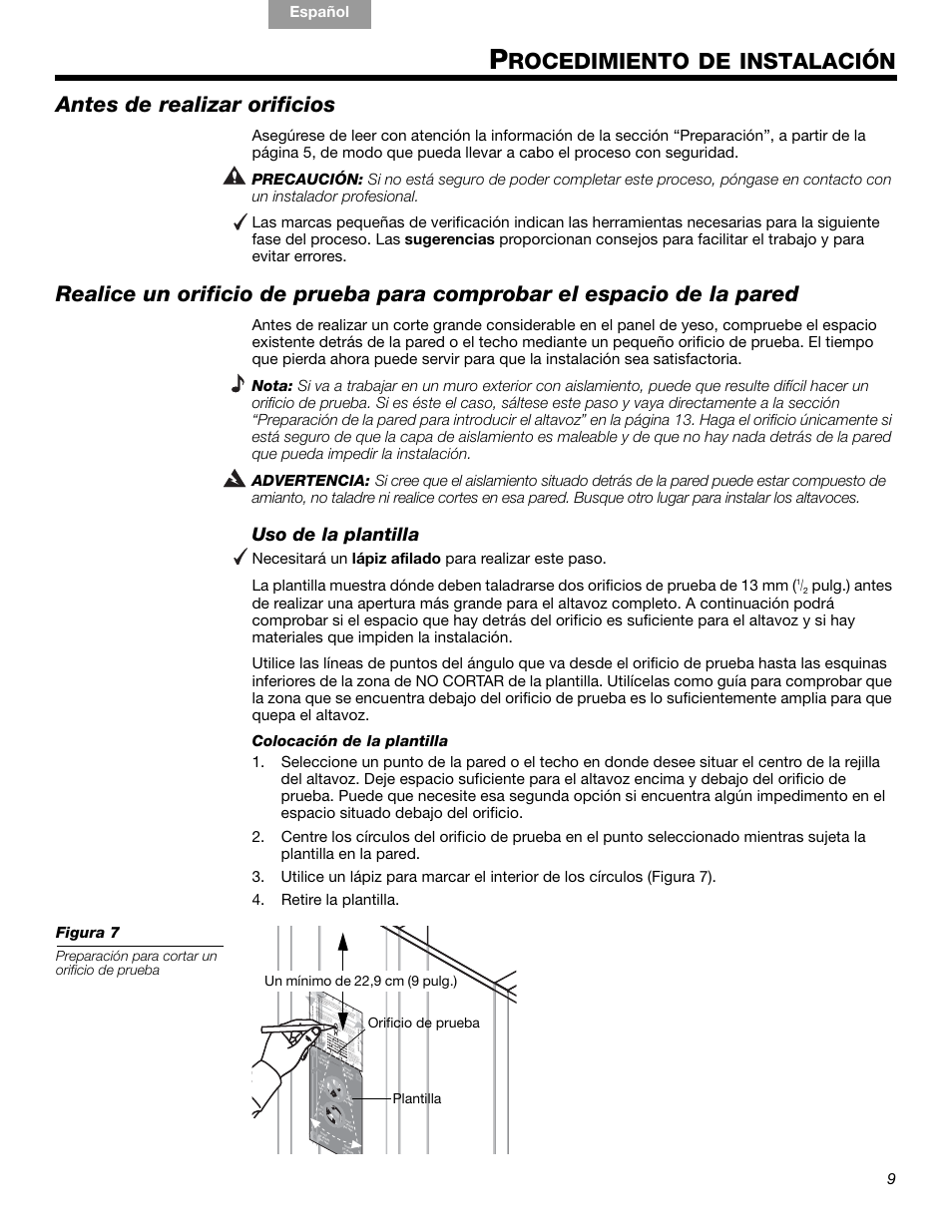 Rocedimiento de instalación, Antes de realizar orificios, Uso de la plantilla | Bose VIRTUALLY INVISIBLE 191 User Manual | Page 65 / 144