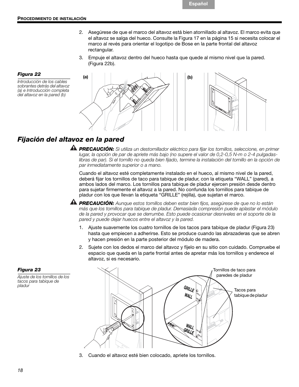 Fijación del altavoz en la pared | Bose VIRTUALLY INVISIBLE 191 User Manual | Page 74 / 144