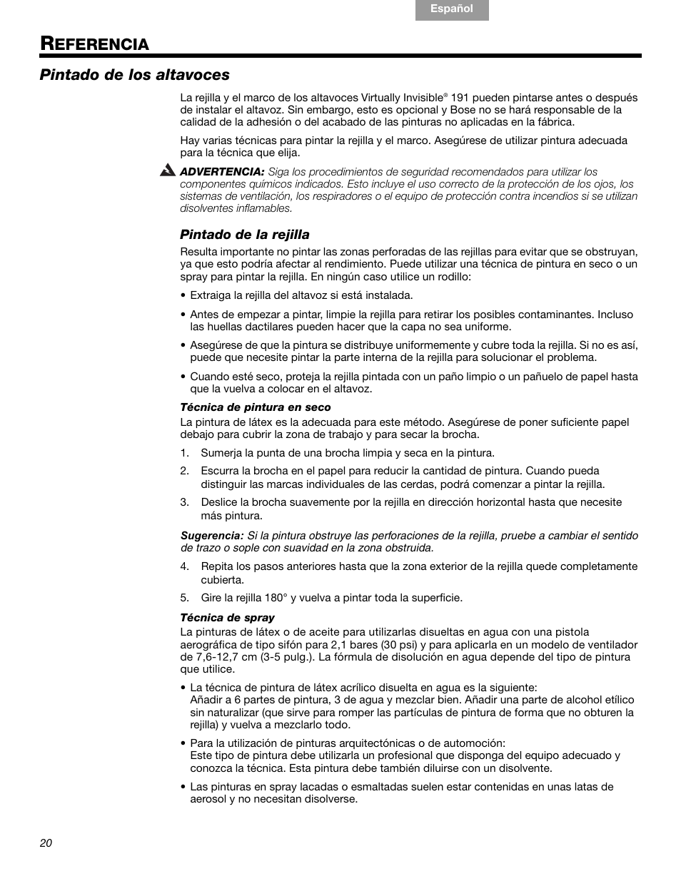 Eferencia, Pintado de los altavoces | Bose VIRTUALLY INVISIBLE 191 User Manual | Page 76 / 144