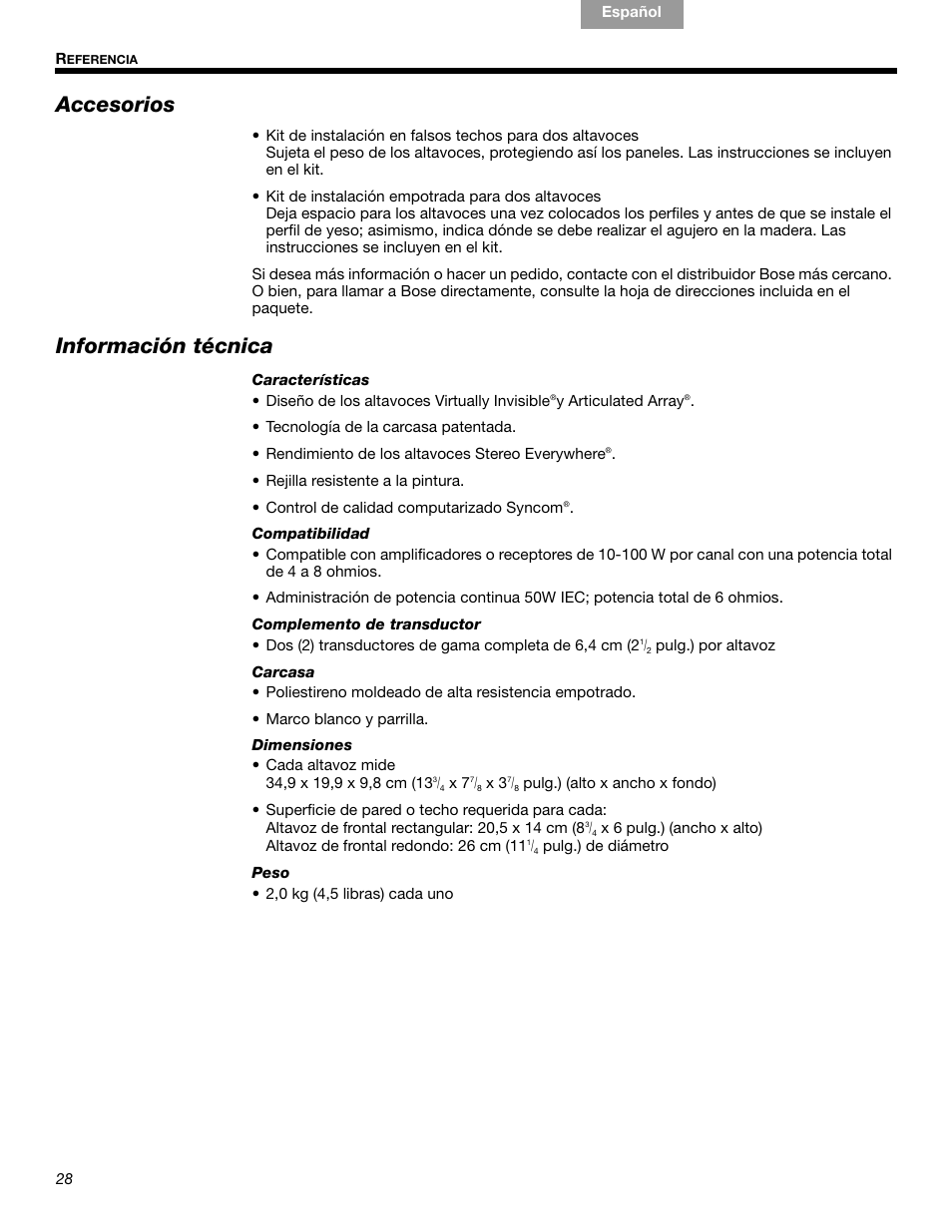 Accesorios, Información técnica | Bose VIRTUALLY INVISIBLE 191 User Manual | Page 84 / 144