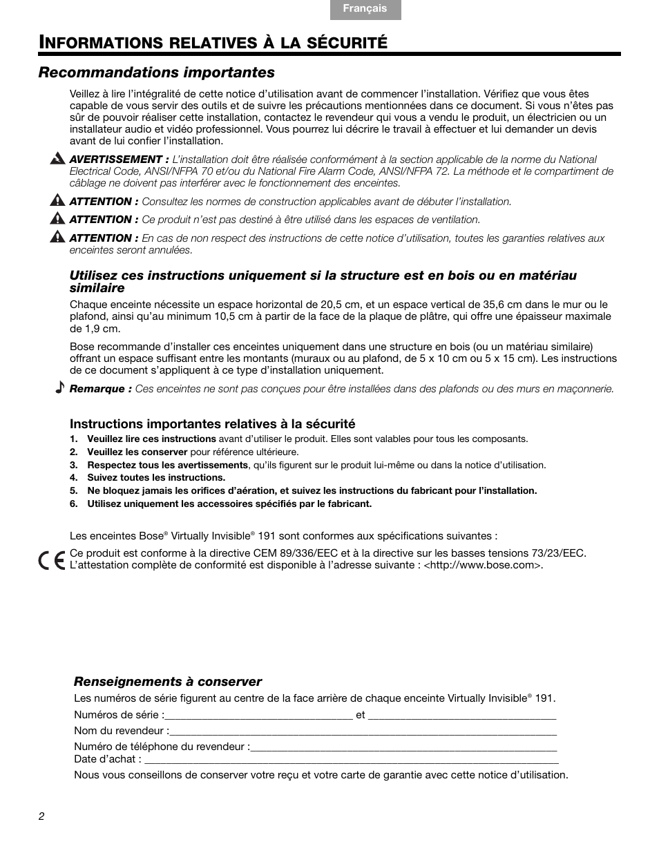 Nformations relatives à la sécurité, Recommandations importantes | Bose VIRTUALLY INVISIBLE 191 User Manual | Page 86 / 144