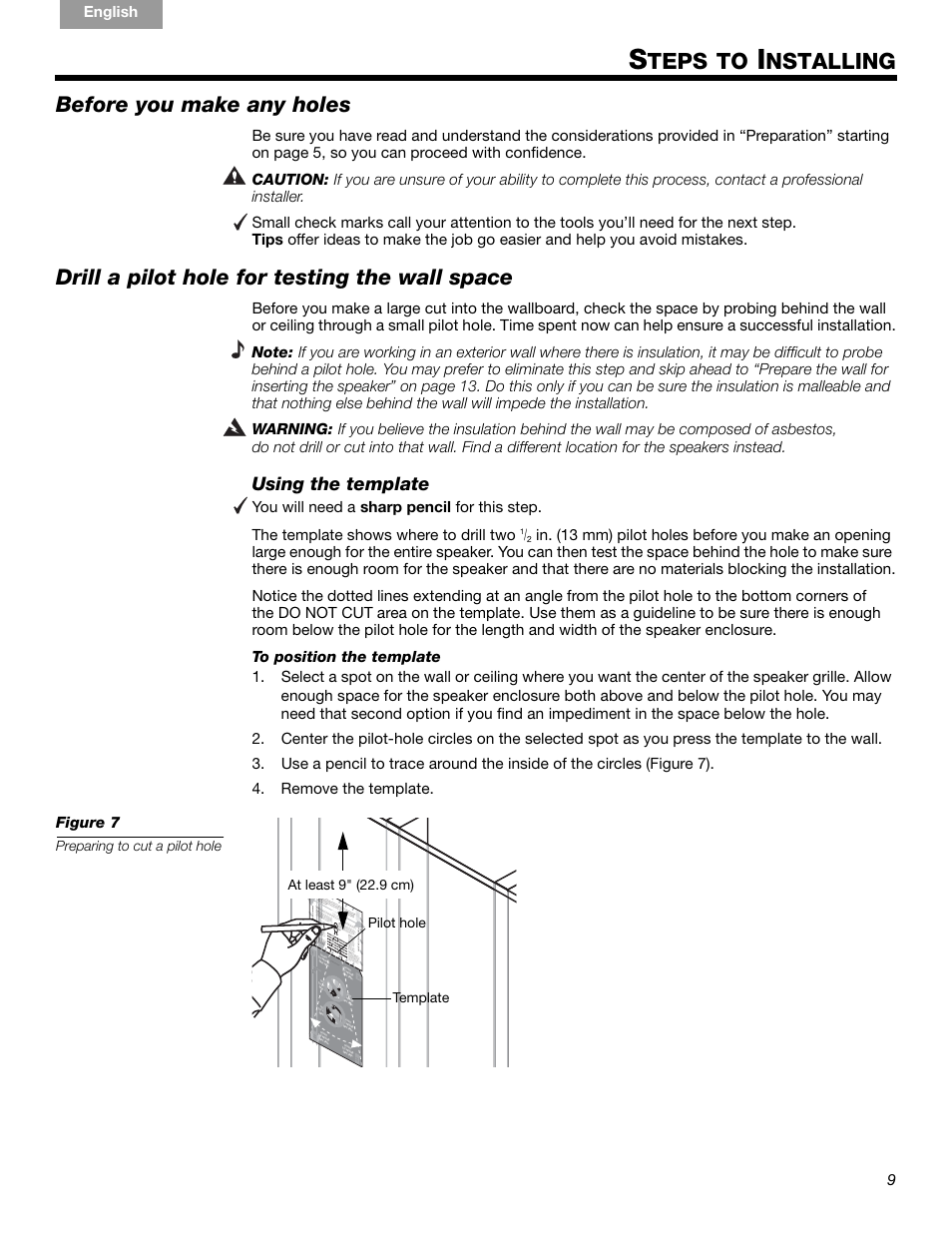 Teps to, Nstalling, Before you make any holes | Drill a pilot hole for testing the wall space, Using the template | Bose VIRTUALLY INVISIBLE 191 User Manual | Page 9 / 144
