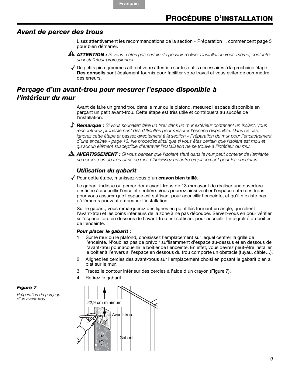 Rocédure d, Installation, Avant de percer des trous | Utilisation du gabarit | Bose VIRTUALLY INVISIBLE 191 User Manual | Page 93 / 144