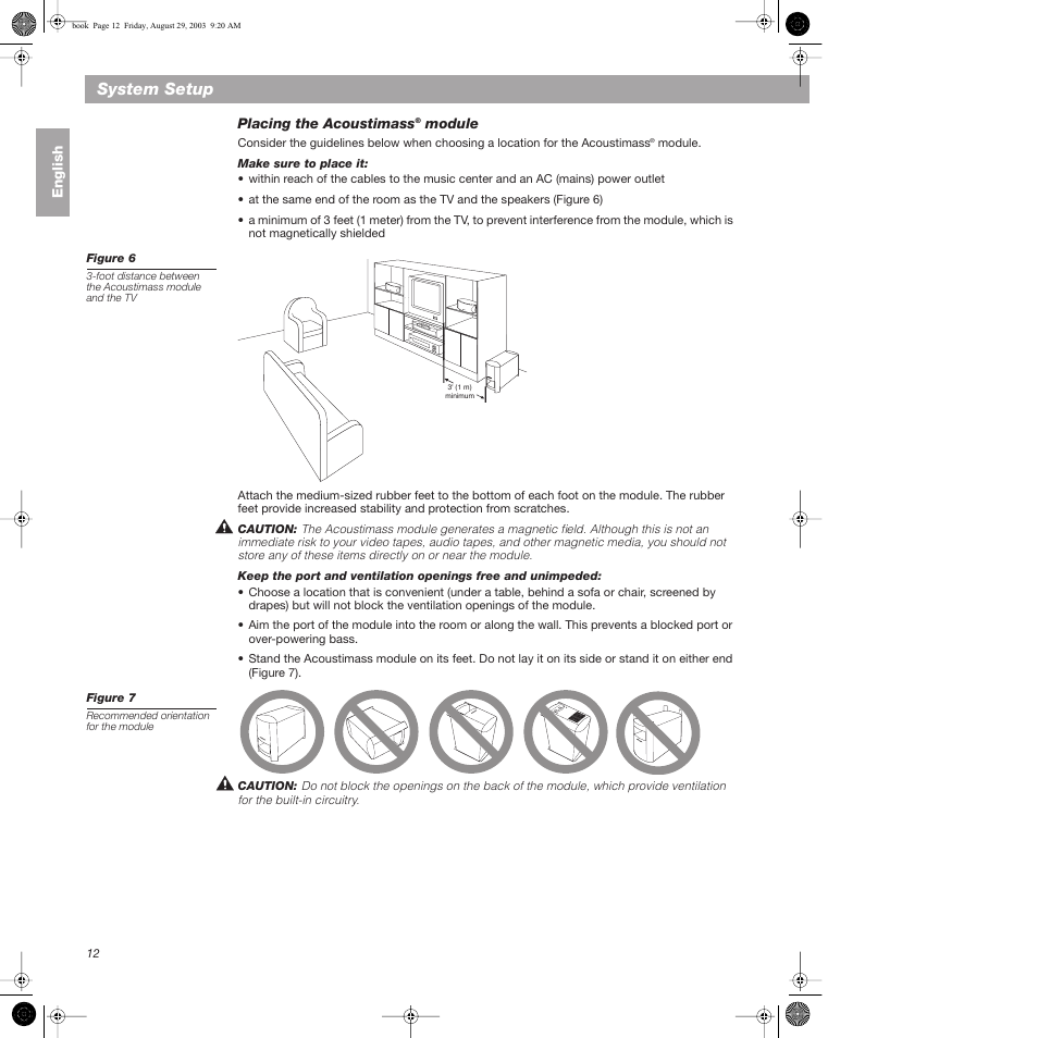 Placing the acoustimass® module, Make sure to place it, Placing the acoustimass | System setup | Bose 3•2•1  Home Entertainment Systems User Manual | Page 12 / 64