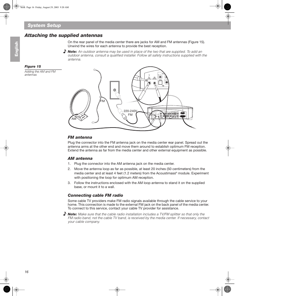 Attaching the supplied antennas, Fm antenna, Am antenna | Connecting cable fm radio, Fm antenna am antenna connecting cable fm radio, System setup | Bose 3•2•1  Home Entertainment Systems User Manual | Page 16 / 64