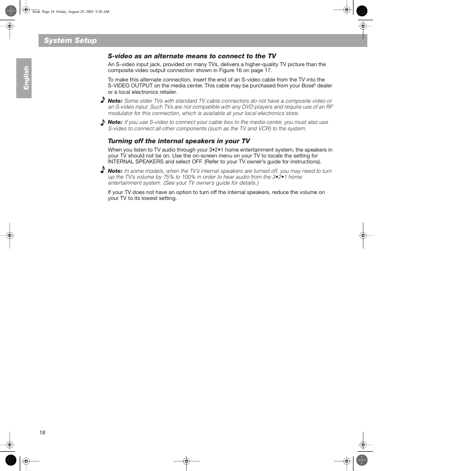 S-video as an alternate means to connect to the tv, Turning off the internal speakers in your tv, System setup | Bose 3•2•1  Home Entertainment Systems User Manual | Page 18 / 64