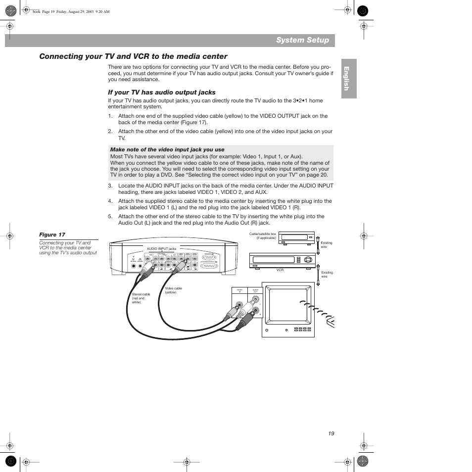 Connecting your tv and vcr to the media center, If your tv has audio output jacks, Make note of the video input jack you use | System setup, Optical, English | Bose 3•2•1  Home Entertainment Systems User Manual | Page 19 / 64